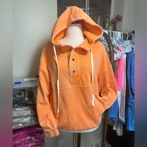 Zenana Drawstring Half Snap Dropped Shoulder Hoodie - Stone Washed